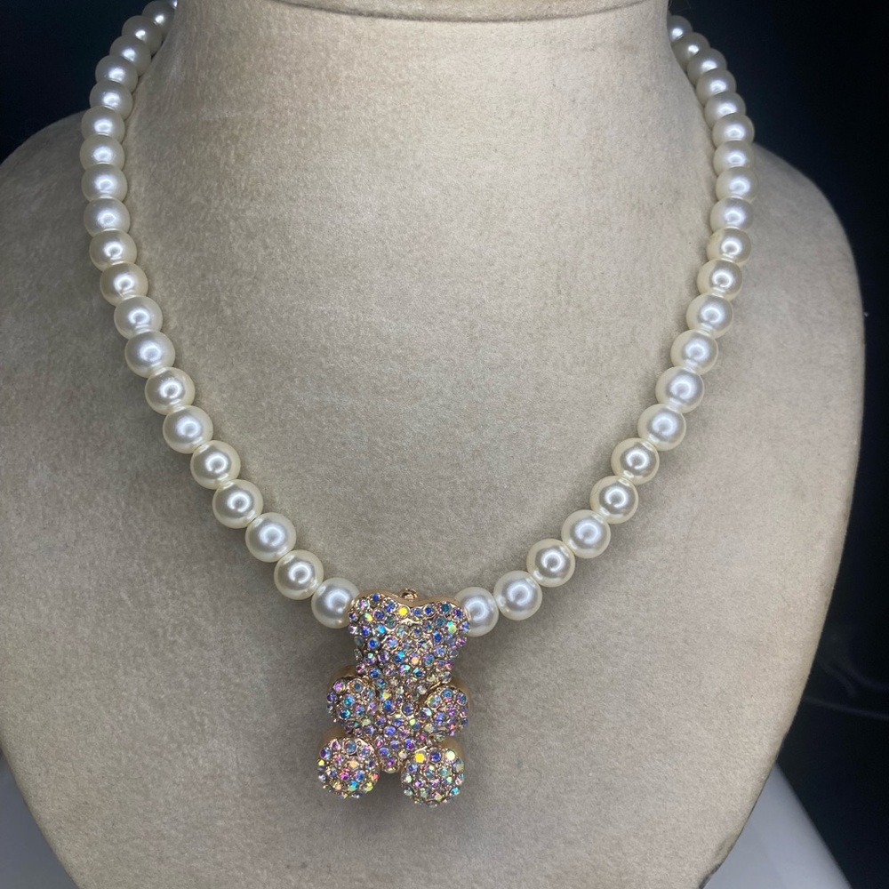 Elegant Pearl Necklace with Multicolor Bear Pendant